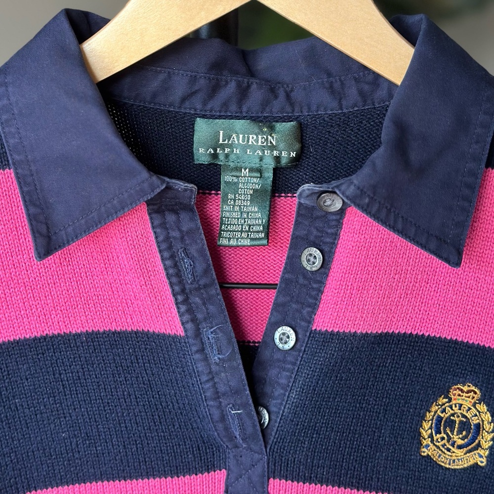 Lauren Ralph Lauren Pink Navy Striped Collared Rugby Long Sleeve Sweater Shirt - Picture 12 of 12